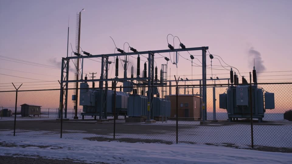 An electrical substation at dusk with transformers, insulators and steel structures silhouetted against a pink sky, snow on the ground